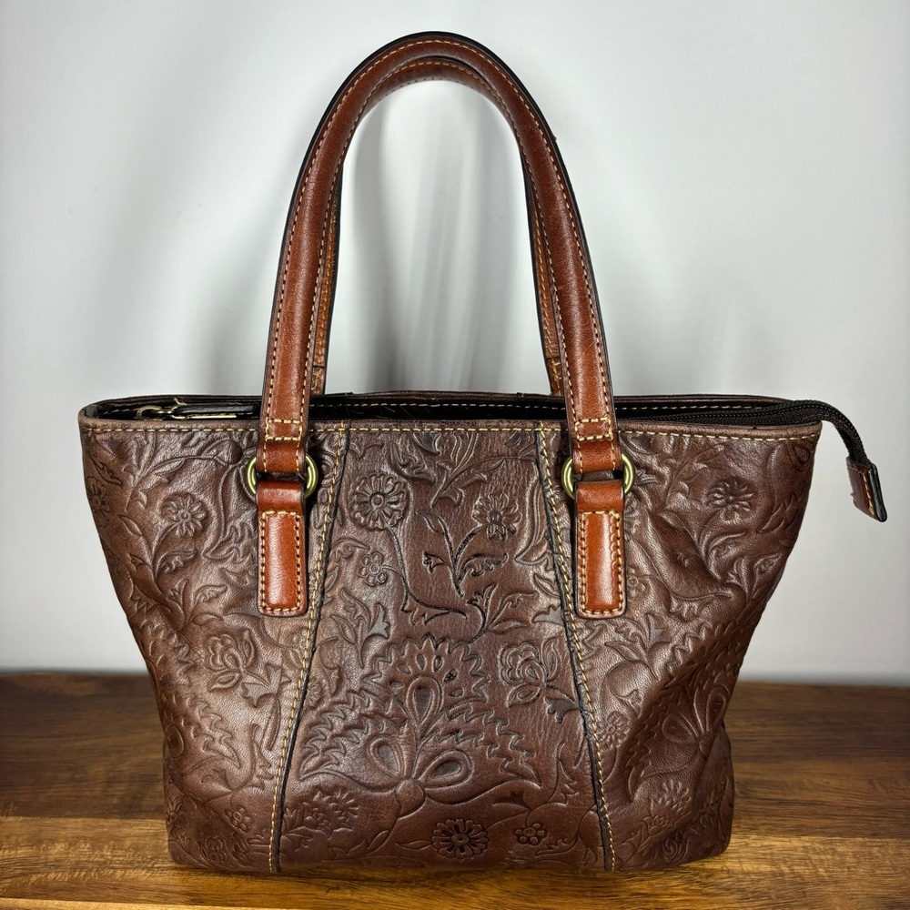 Fossil Bag Womens Leather Purse Crossbody Embossed Floral Tooled Handles Strap